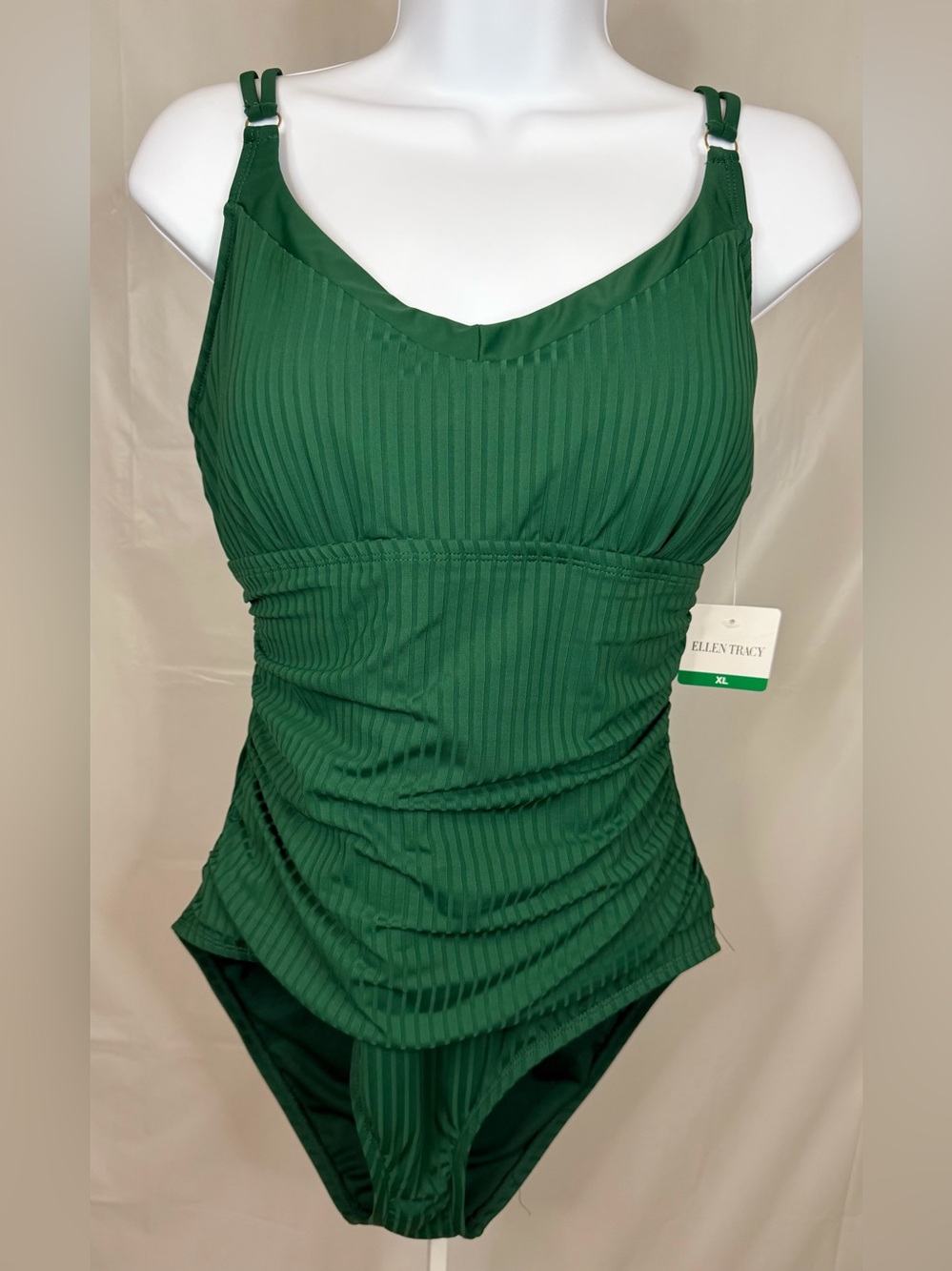 Ellen Tracy XL Green Ribbed One Piece Swimsuit Ruched Tummy Control